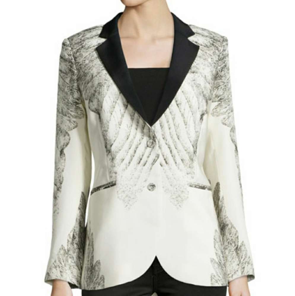 ISO Haute Hippie feather print tuxedo jacket